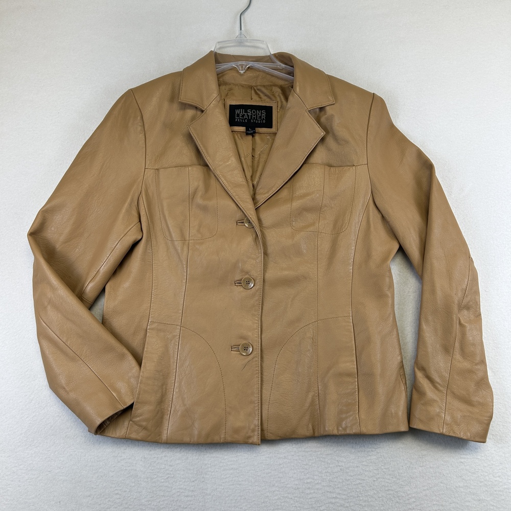 Wilsons Leather Blazer Jacket Womens L Beige Pelle Studio Button Front Lined
